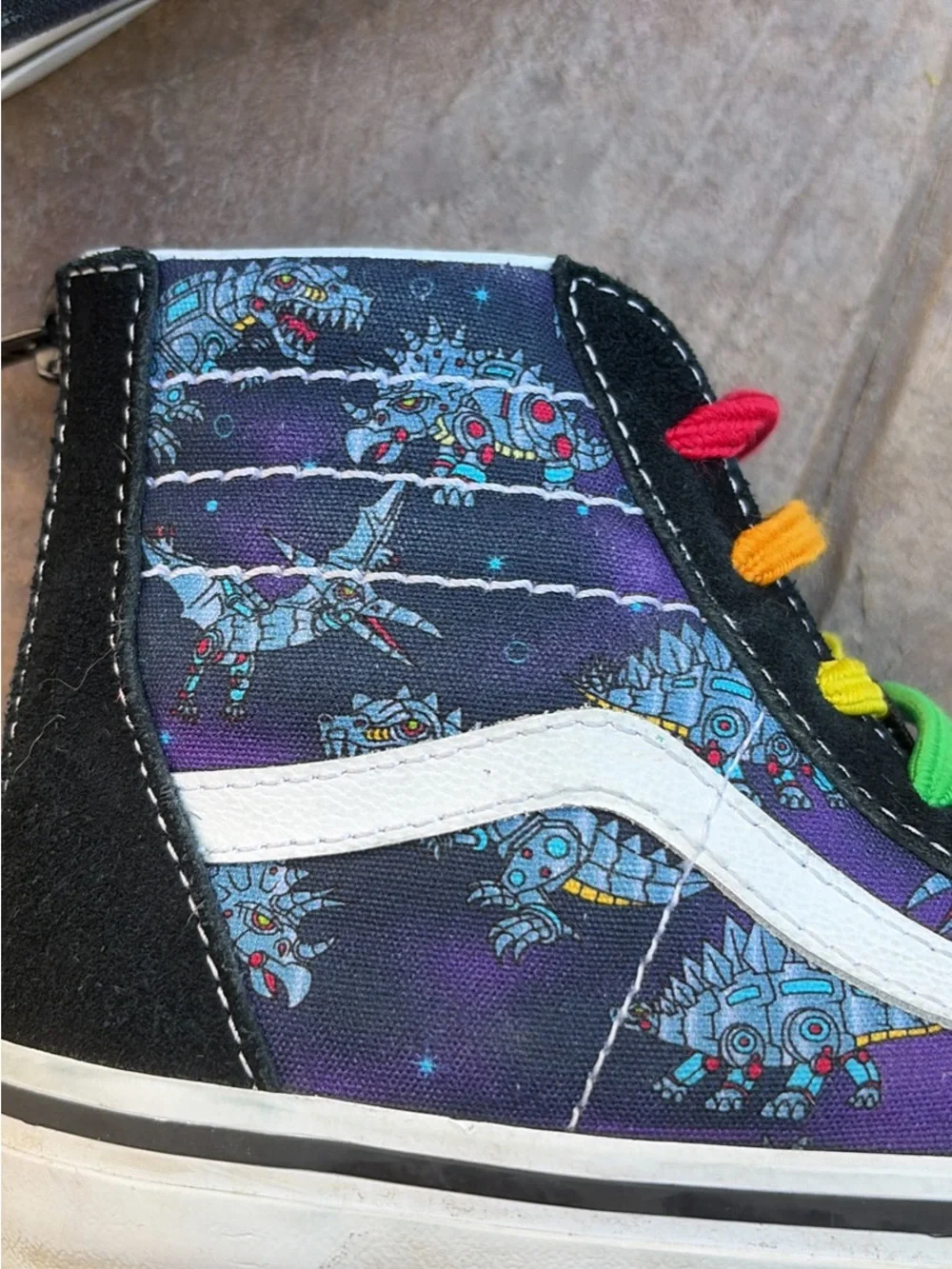 Vans Kids Black High-Top Sneakers Robot Dinosaurs with Rainbow Elastic Laces